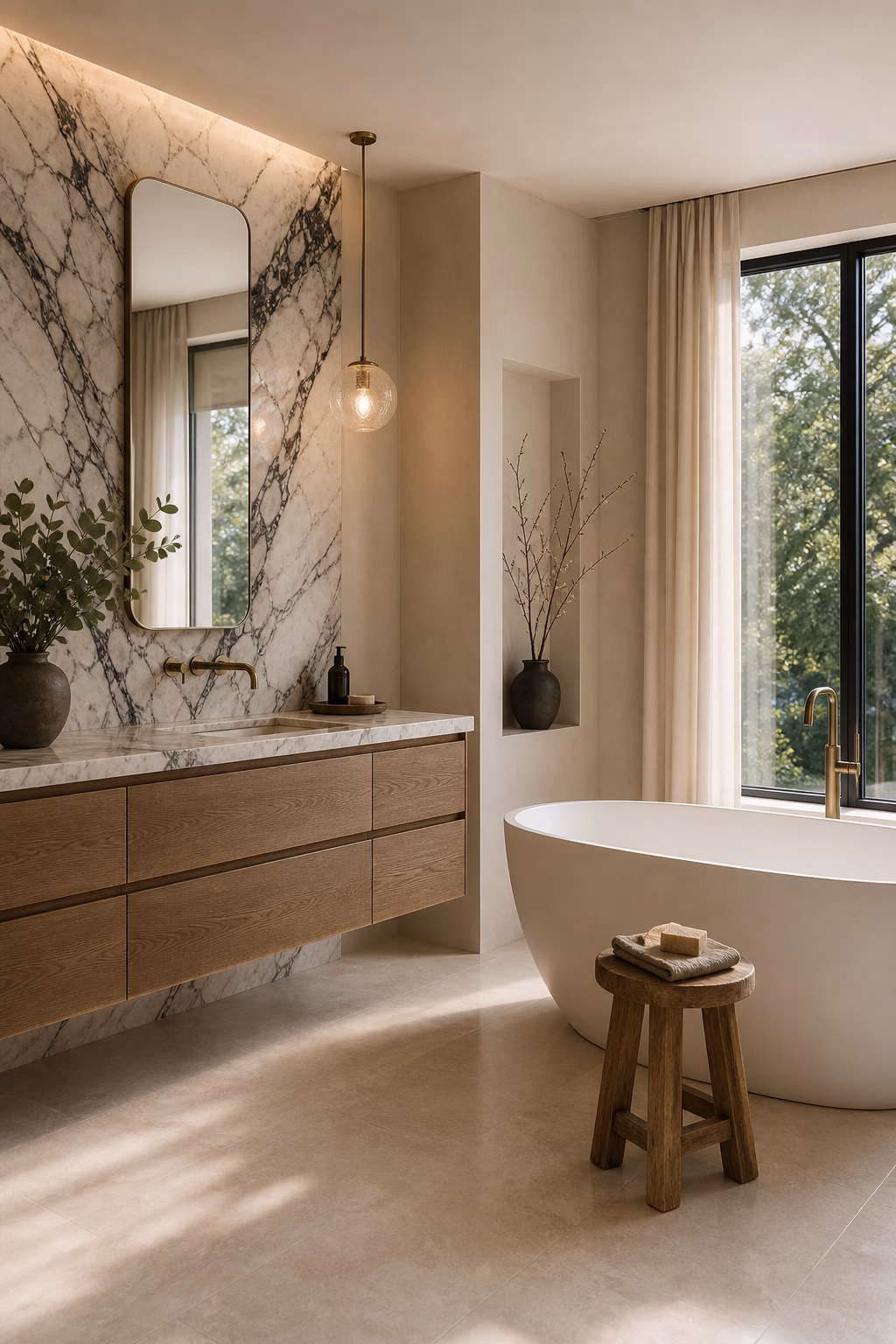 Refined master bath with dramatic marble backsplash, simple pendant, and uncluttered styling