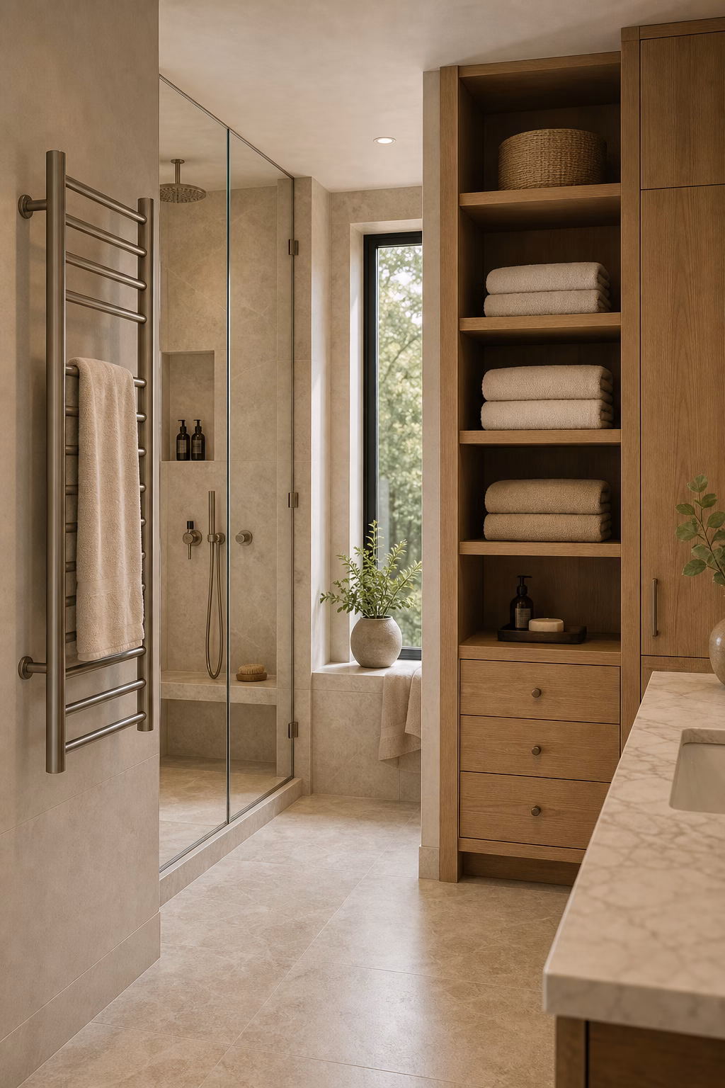 Master bath with integrated towel storage, heated rail, built-in linen cabinet, and folded towels