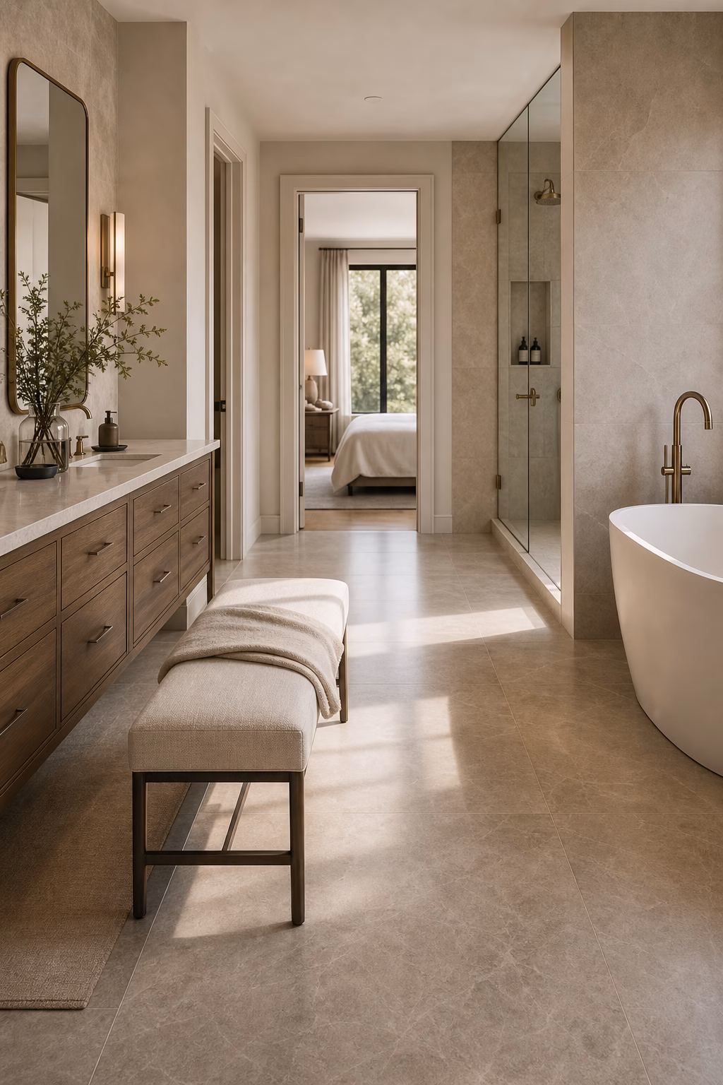 Master bath with narrow bench near vanity and tub, placed outside wet zones with clear circulation