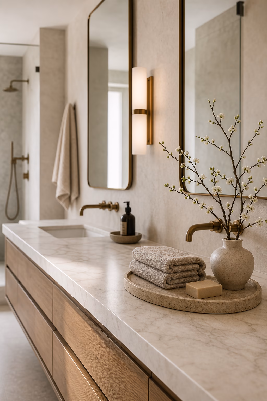 Luxurious master bath vanity with edited styling, stone tray, neutral towels, and clear counters