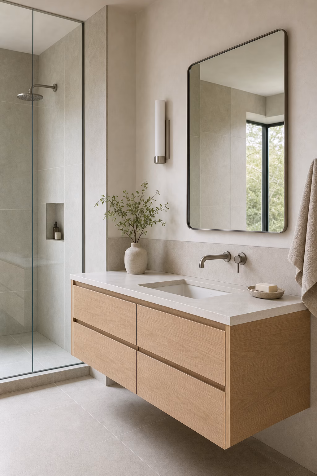 Compact minimalist bathroom with pale oak floating vanity, slim stone counter, and uncluttered storage