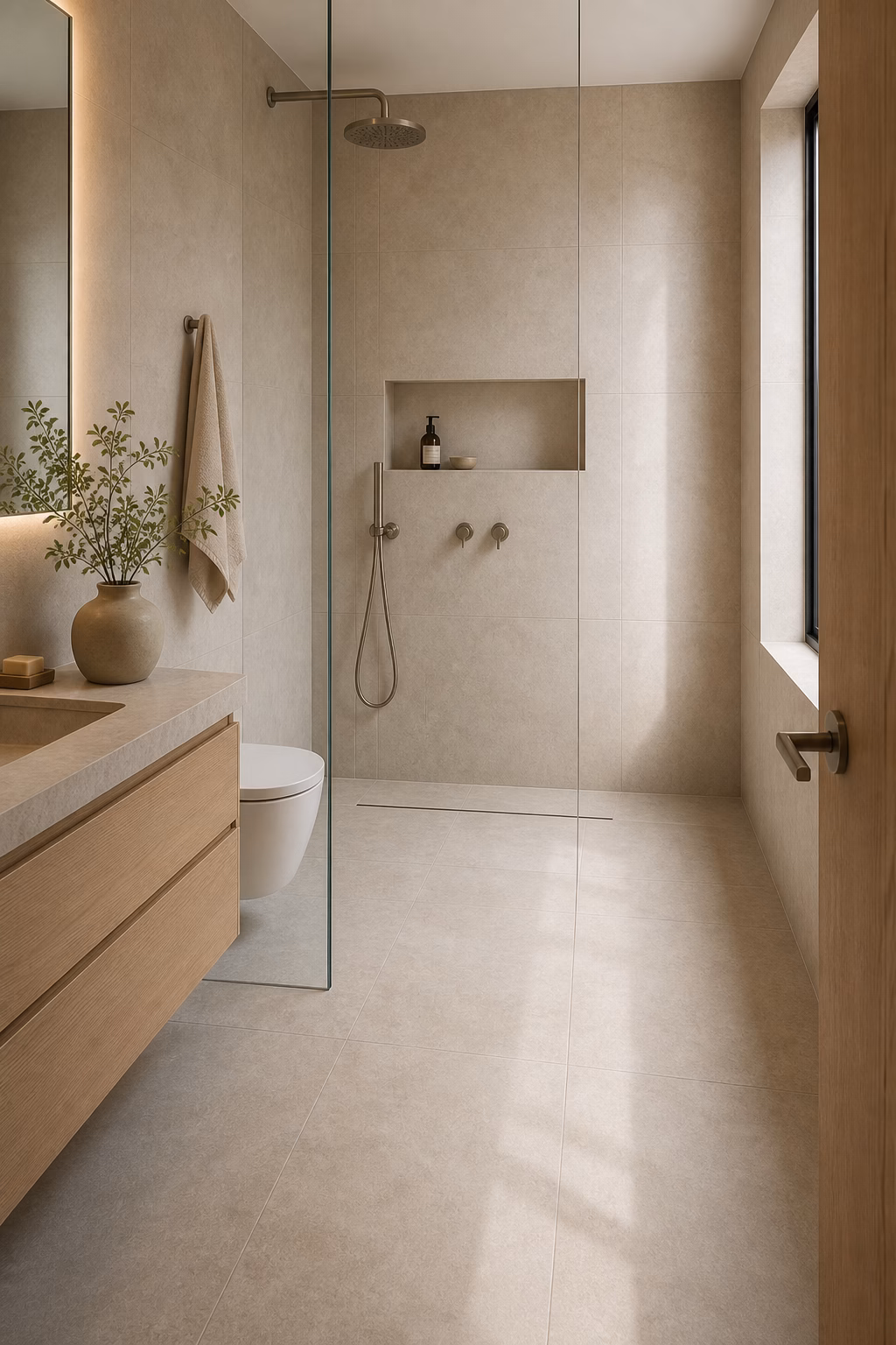 Small minimalist bathroom with continuous limestone-look tile, curbless shower, and frameless glass