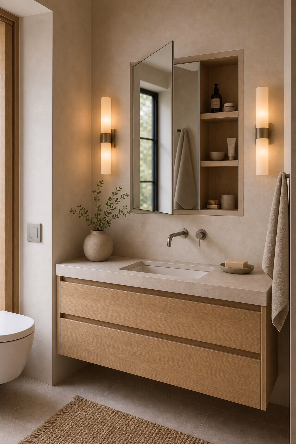 Small minimalist bathroom with recessed mirrored medicine cabinet, floating vanity, and hidden daily storage
