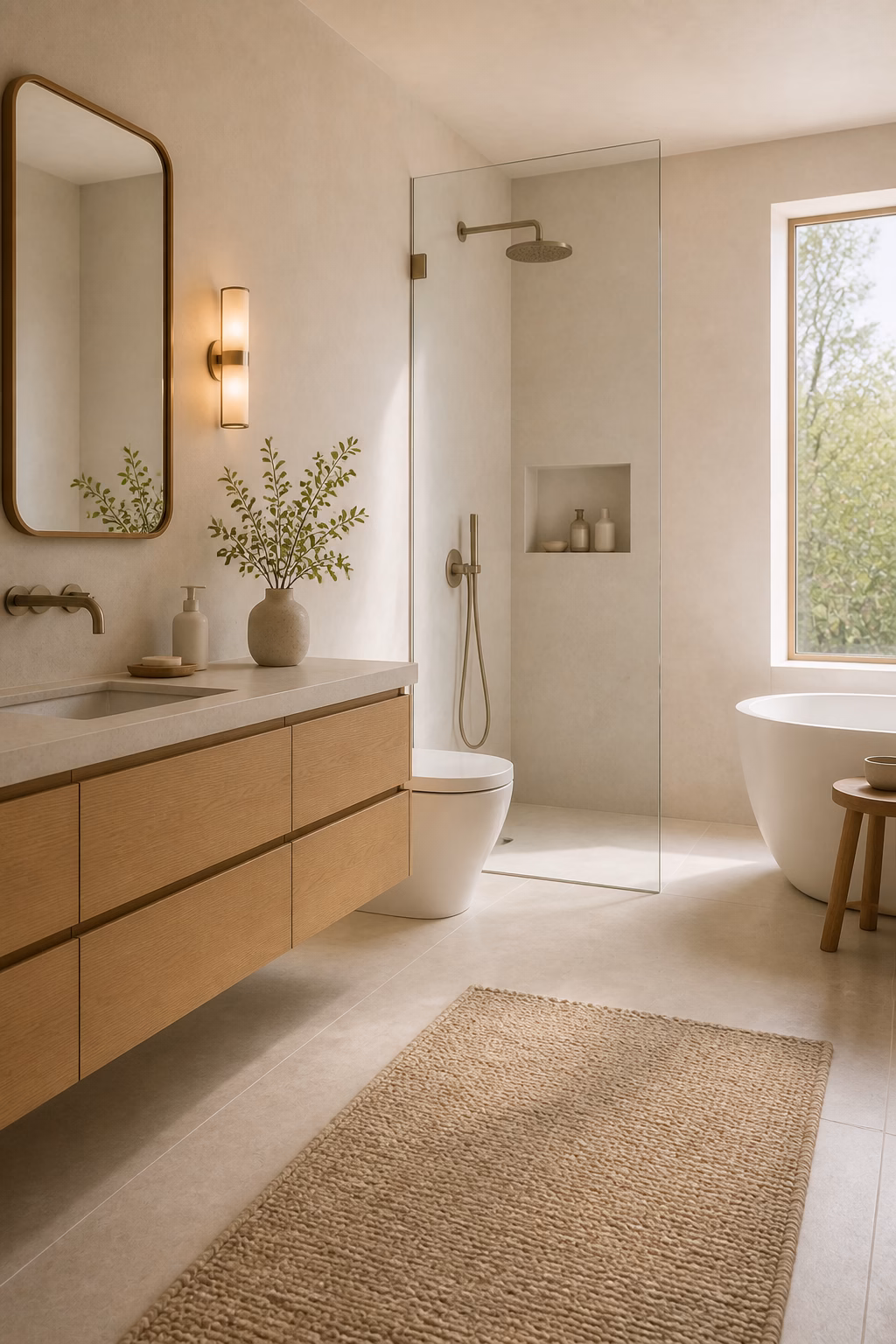 Minimalist small bathroom with warm white plaster, pale oak vanity, and soft stone finishes