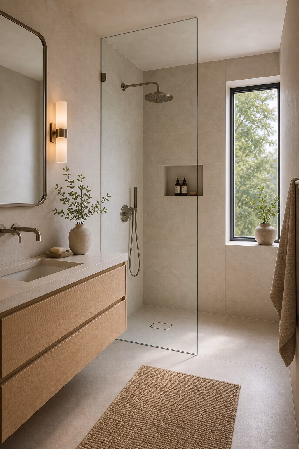 Compact minimalist bathroom with frameless glass shower panel, pale tile, and clear sightlines