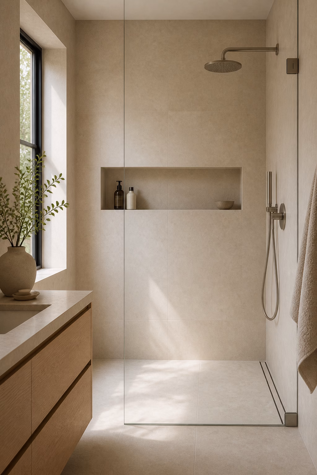 Minimalist shower with long recessed niche aligned to warm white tile and neatly stored bottles