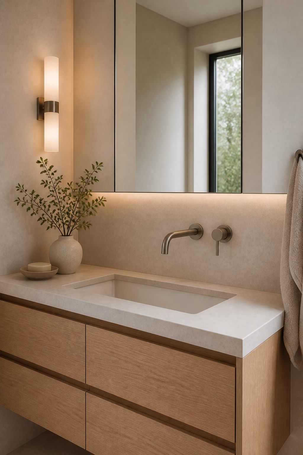 Small minimalist bathroom vanity with wall-mounted faucet, integrated sink, and uncluttered stone counter