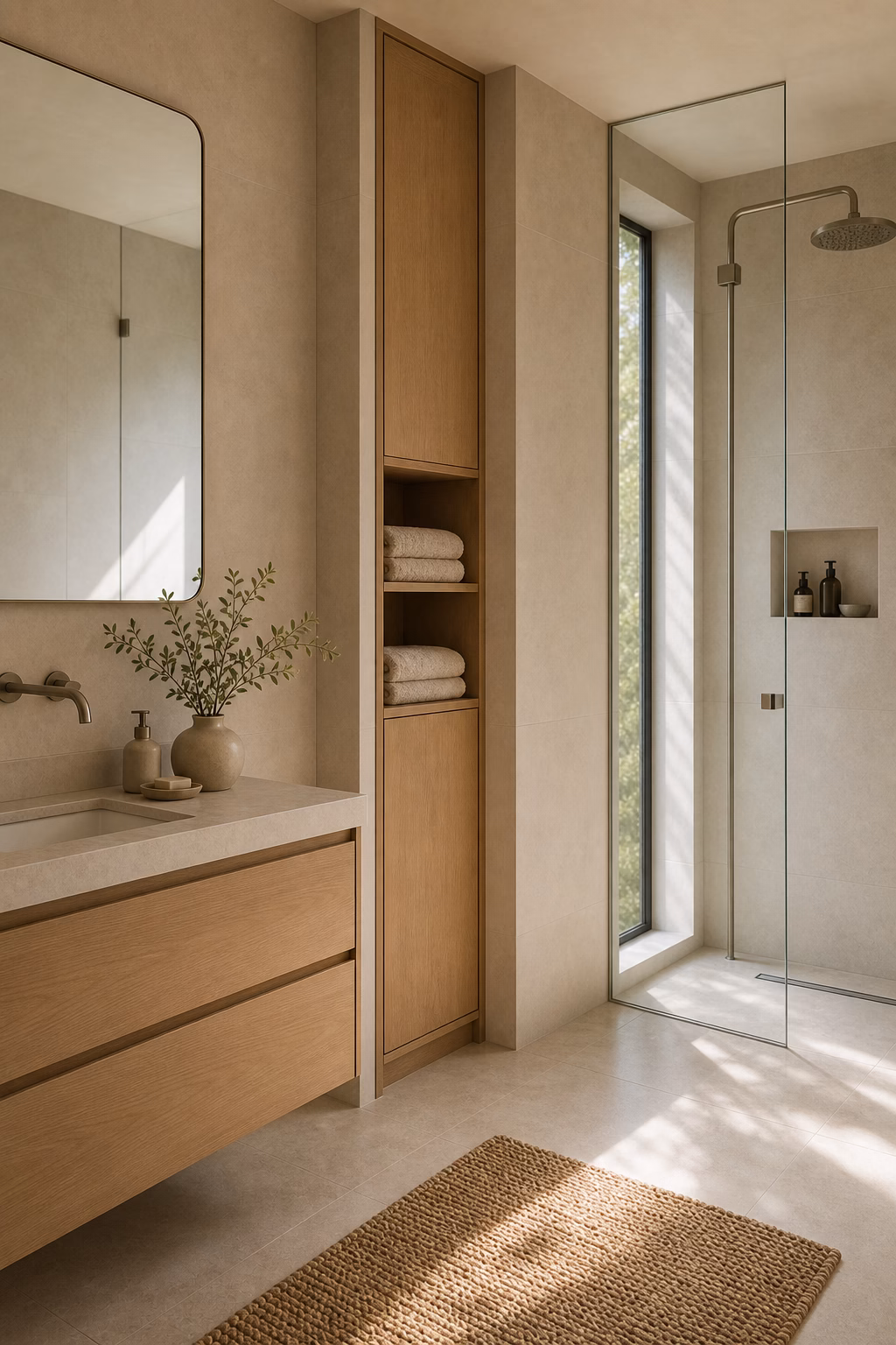 Compact minimalist bathroom with tall narrow built-in linen cabinet and flat pale oak doors