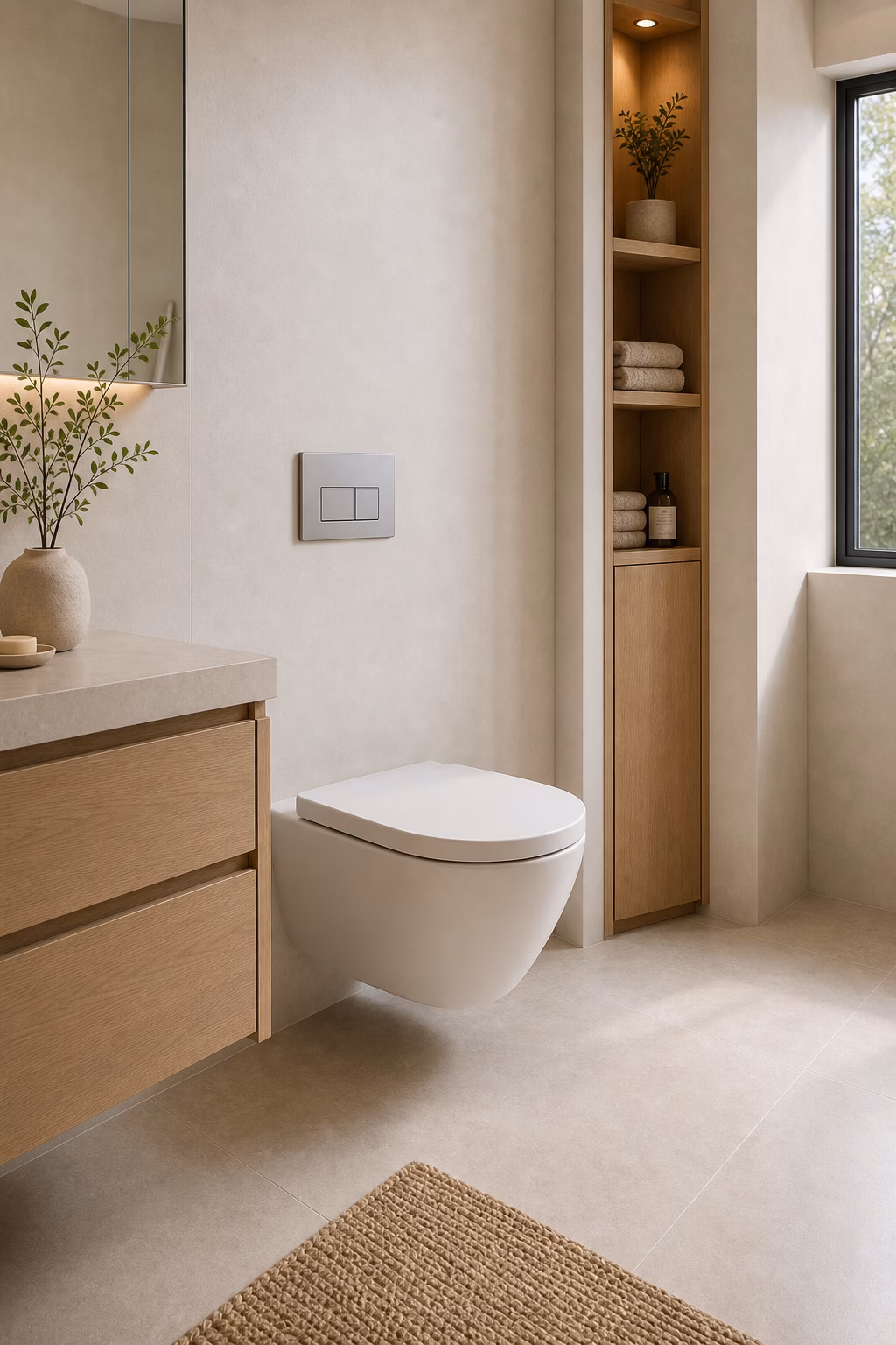 Minimalist small bathroom with wall-hung toilet, concealed tank, and continuous floor tile