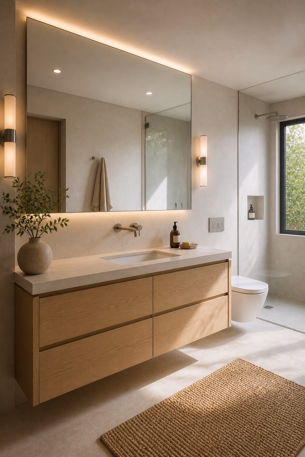 Small minimalist bathroom with large frameless mirror, floating vanity, and reflected natural light