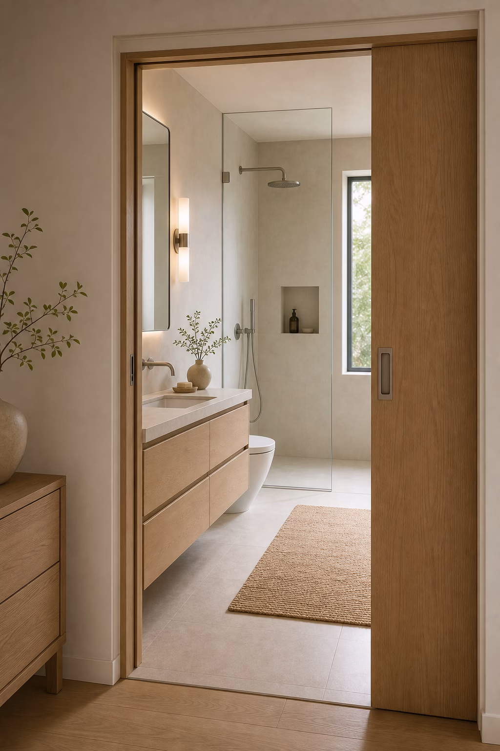 Minimalist small bathroom with flat pocket door, floating vanity, glass shower, and clear circulation