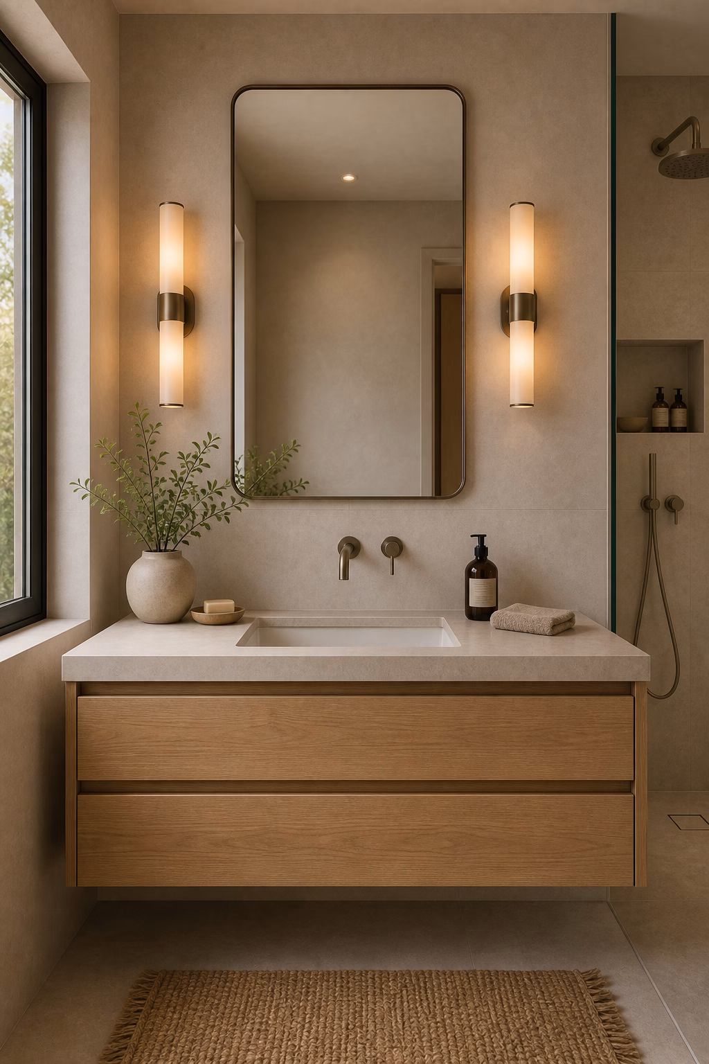 Serene small bathroom vanity with slim vertical sconces, simple mirror, and warm dimmable light