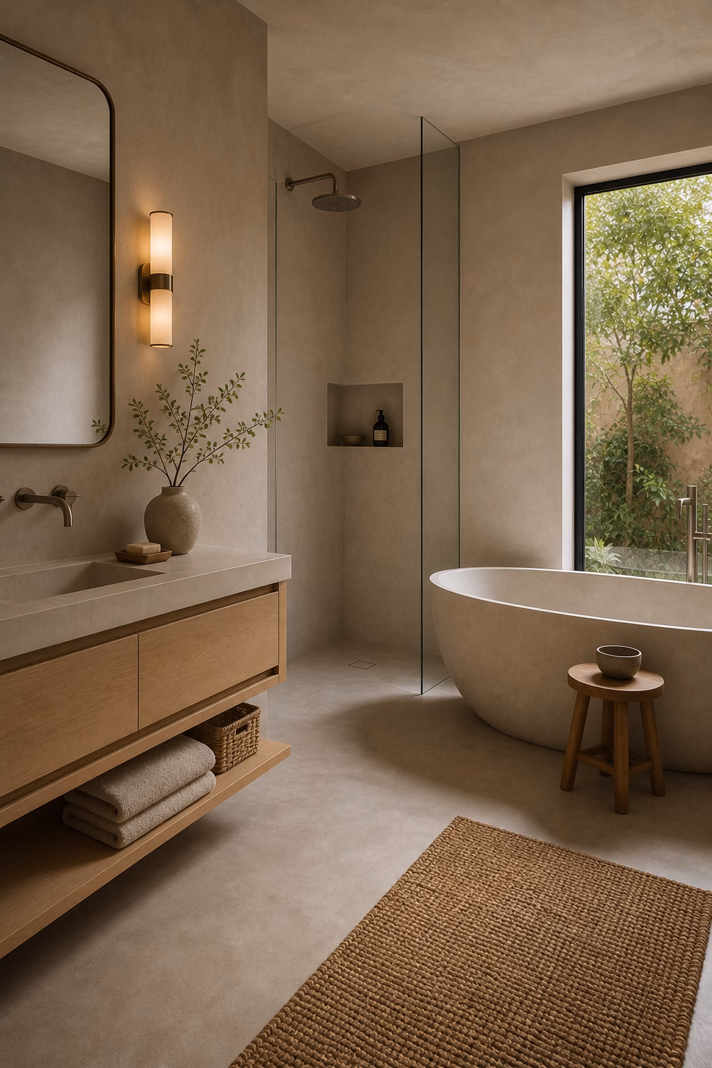 Minimalist small bathroom with warm micro-cement surfaces, pale wood vanity, and glass shower