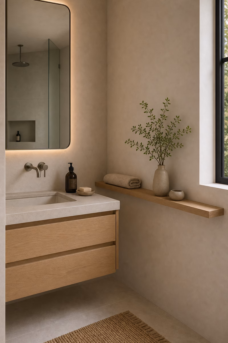 Compact minimalist bathroom with shallow oak wall ledge, ceramic vessel, and calm plaster walls