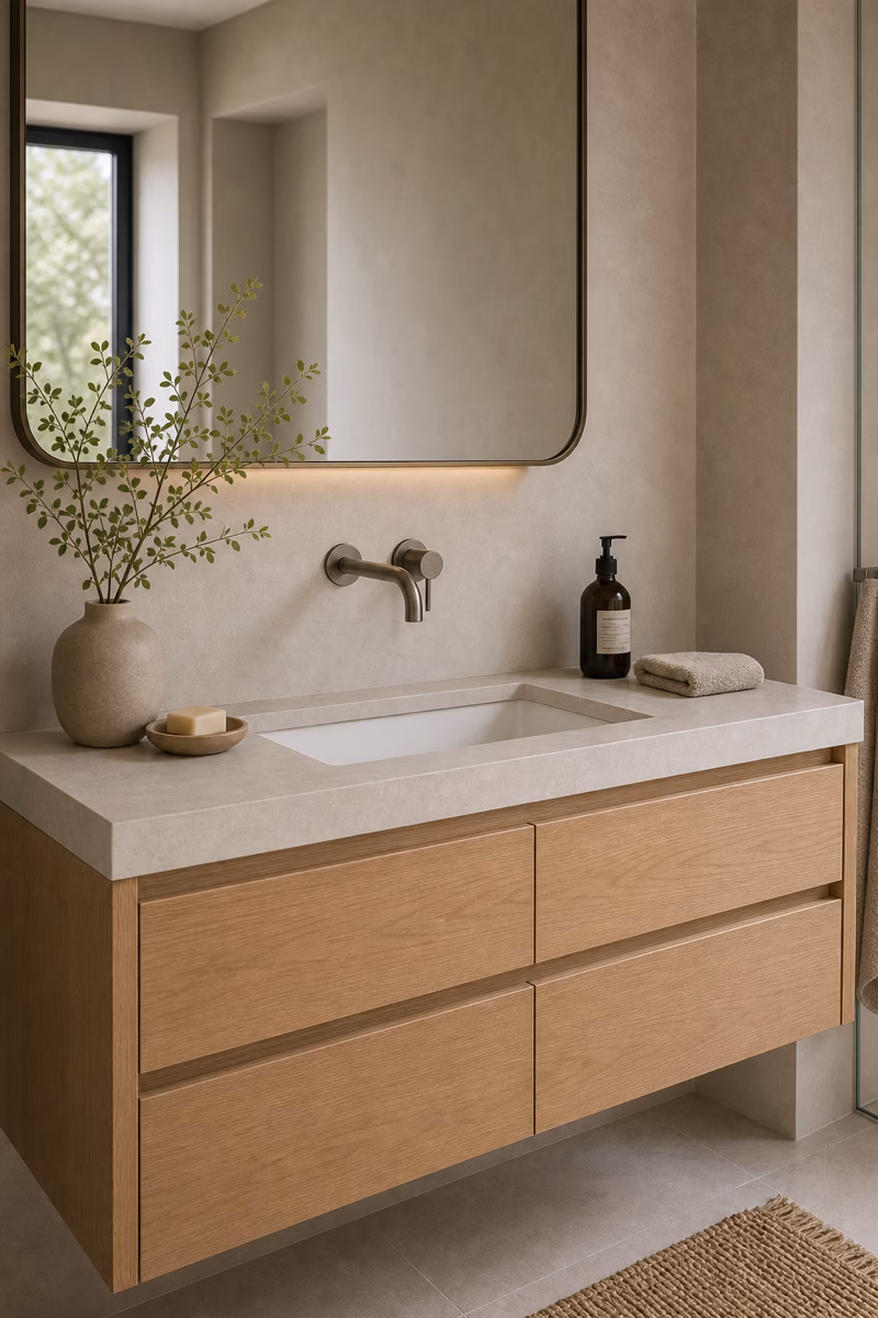 Minimalist small bathroom vanity with integrated shallow sink, wall faucet, and balanced stone counter