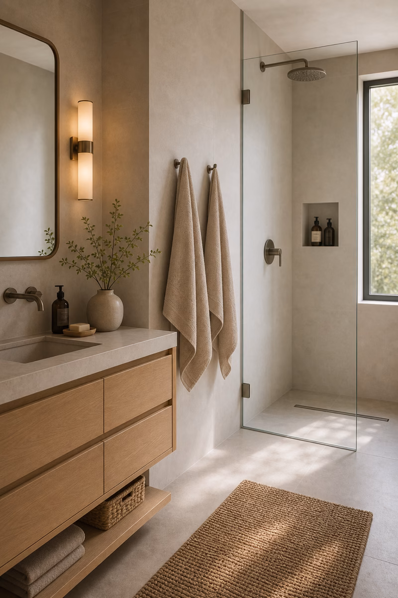 Compact minimalist bathroom with slim towel hooks beside glass shower and neatly hung towels