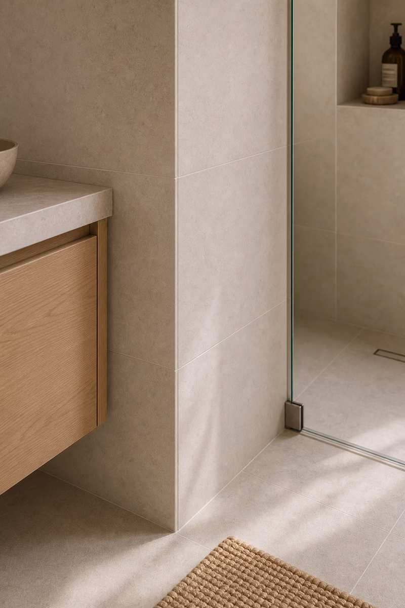 Minimalist bathroom tile with soft neutral grout, large-format porcelain, and subtle realistic texture
