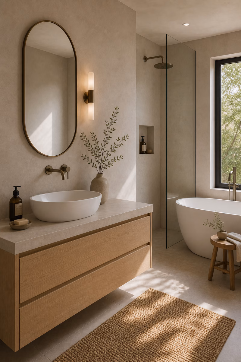 Compact minimalist bathroom with oval mirror, curved basin, and warm plaster walls