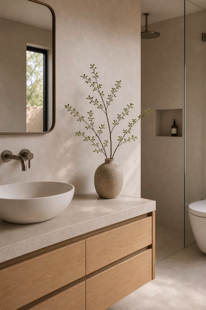 Serene minimalist bathroom with one sculptural green branch in a ceramic vessel on a stone vanity
