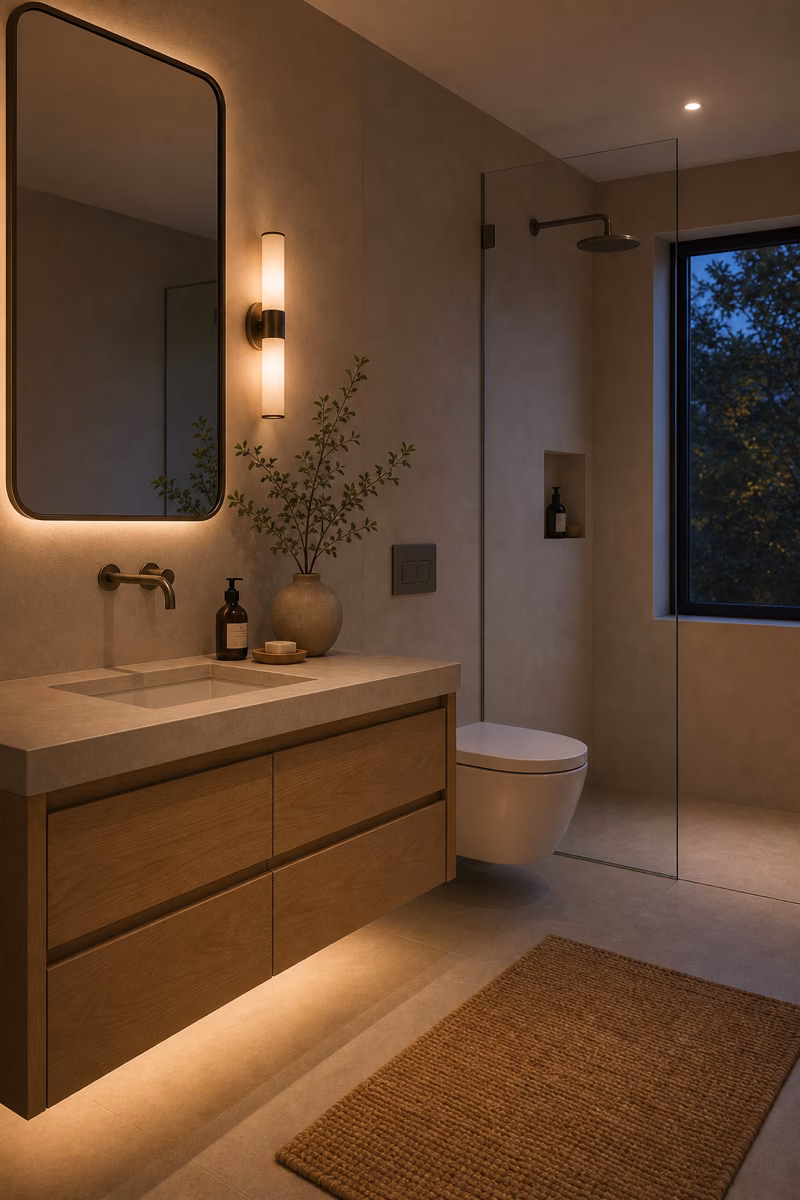 Small minimalist bathroom with subtle warm under-vanity lighting, floating oak cabinet, and stone floor