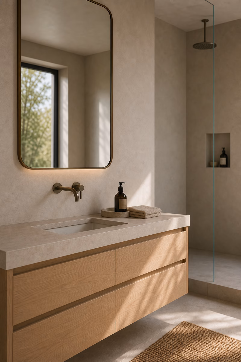 Finished minimalist small bathroom vanity with edited countertop, stone tray, folded towel, and calm natural light