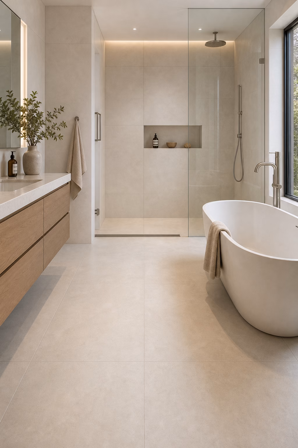 Sleek bathroom with large-format warm white porcelain tile, glass shower, and minimal grout lines