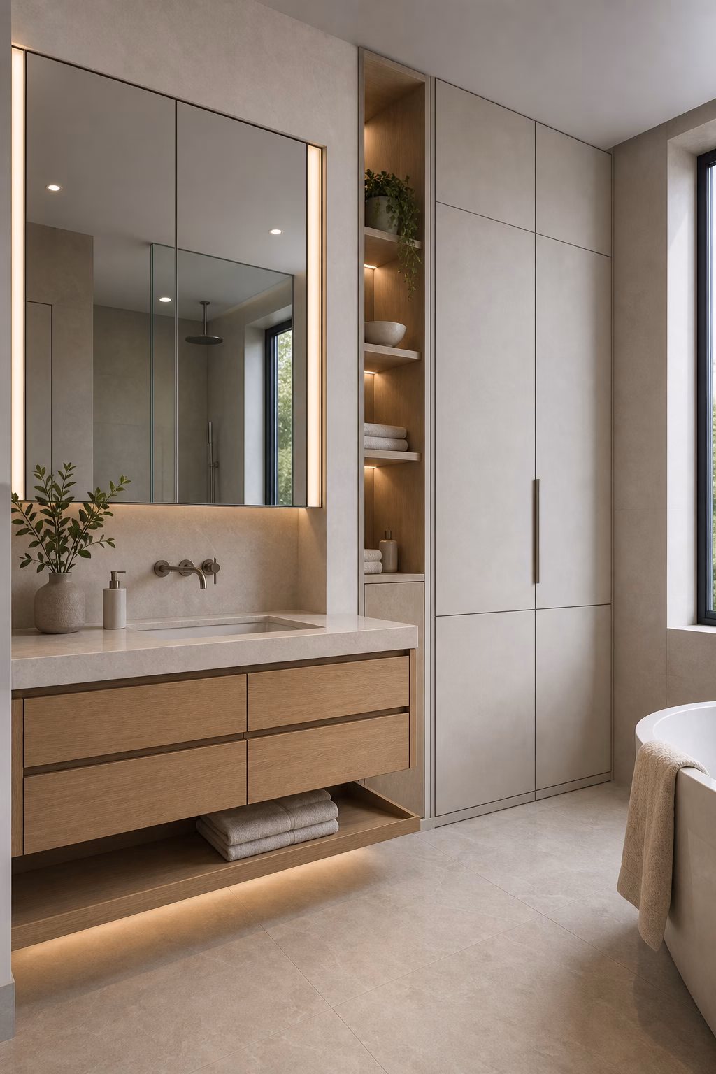Refined modern bathroom with recessed mirrored cabinets, concealed linen storage, and uncluttered vanity
