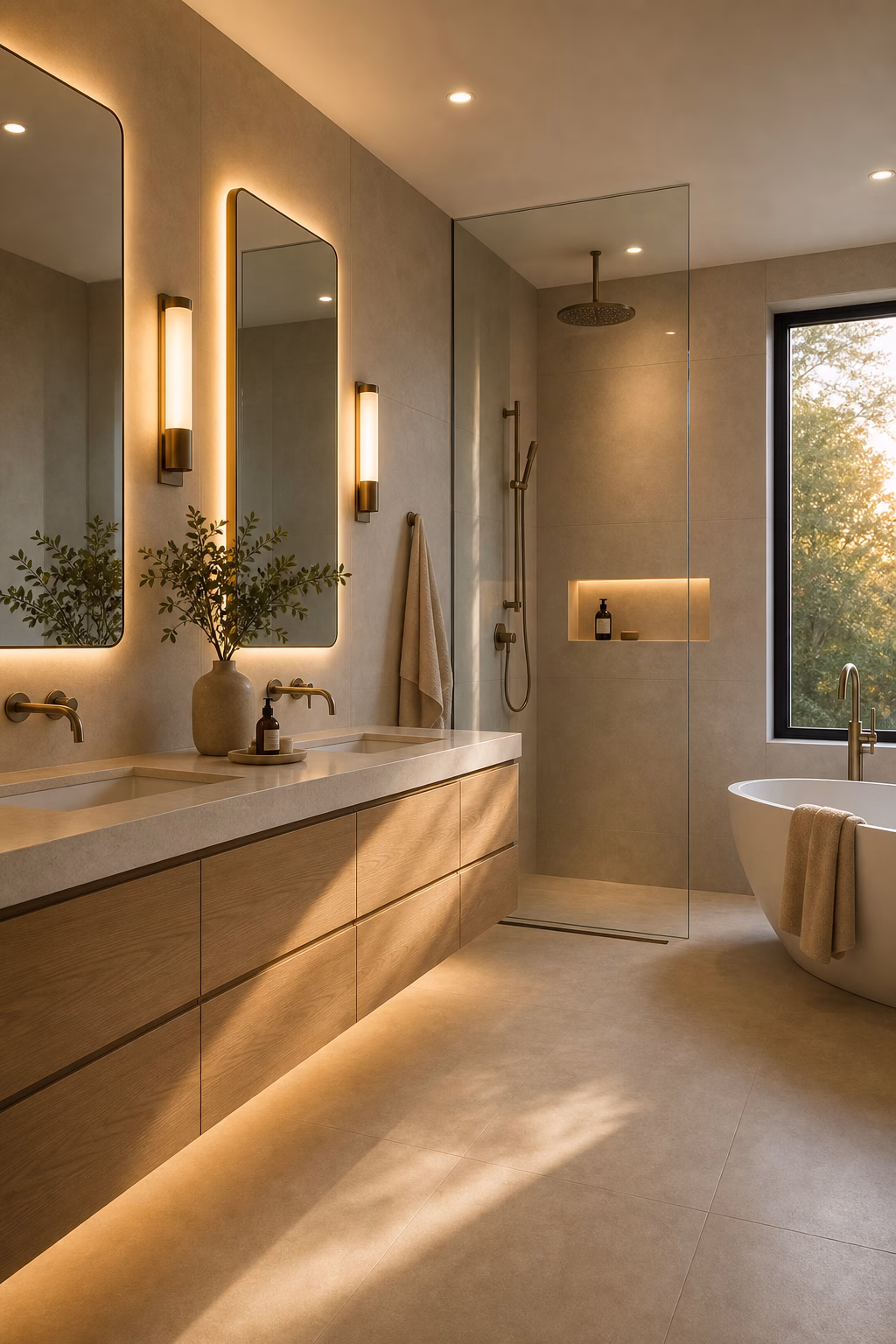 Modern bathroom with layered lighting, backlit mirrors, vertical sconces, and soft under-vanity illumination