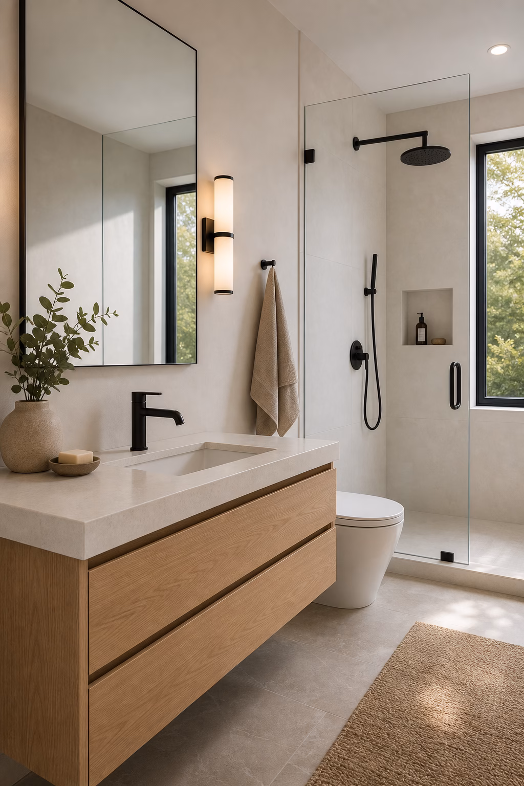 Bright modern bathroom with selective matte black fixtures, pale oak vanity, and warm white tile