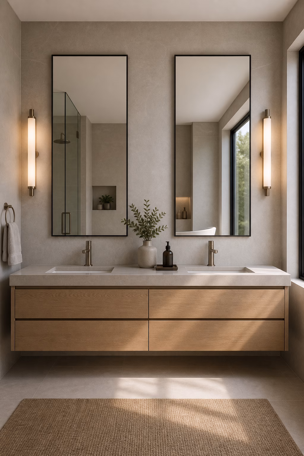 Modern double vanity bathroom with tall framed mirrors, vertical sconces, and pale stone backsplash