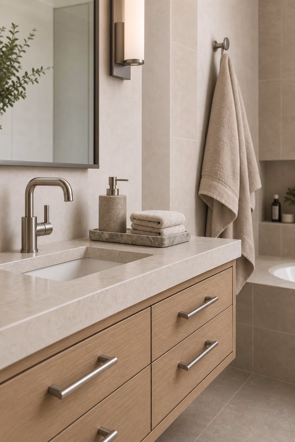 Polished modern bathroom vanity detail with brushed nickel hardware, stone tray, and folded towels