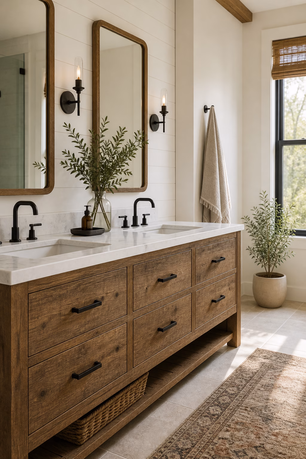 Modern farmhouse bathroom with reclaimed wood double vanity, white stone countertop, and black hardware