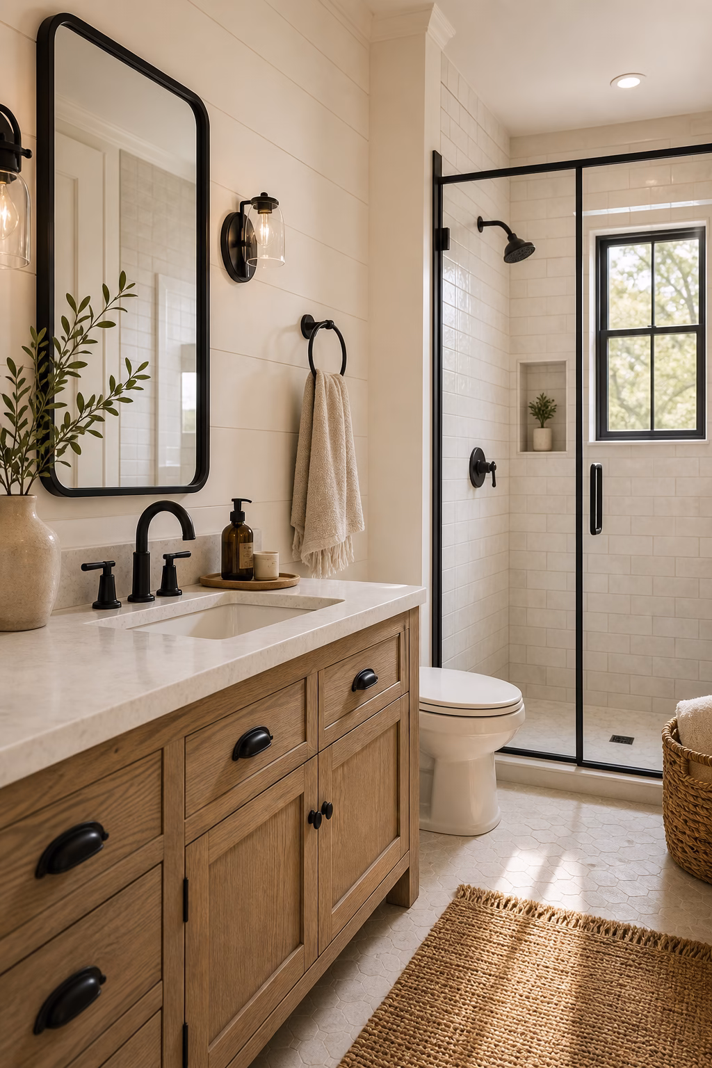 Warm white modern farmhouse bathroom with matte black fixtures, black mirrors, and wood vanity