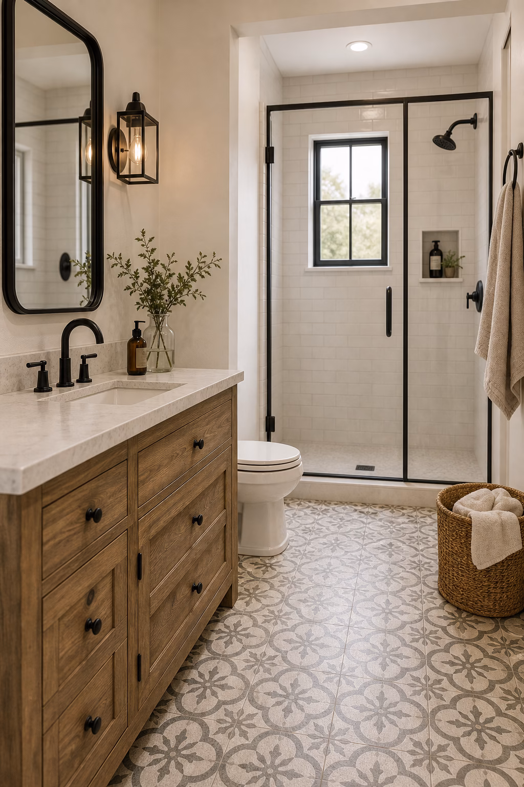 Modern farmhouse bathroom with muted patterned floor tile, wood vanity, and simple white walls