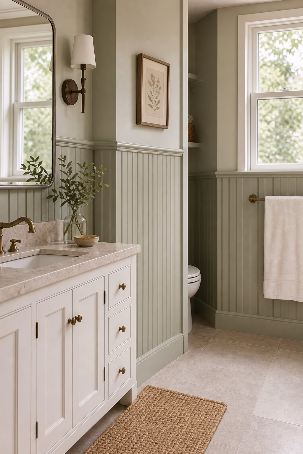 Soft modern farmhouse bathroom with sage beadboard wainscoting, white vanity, and stone counter