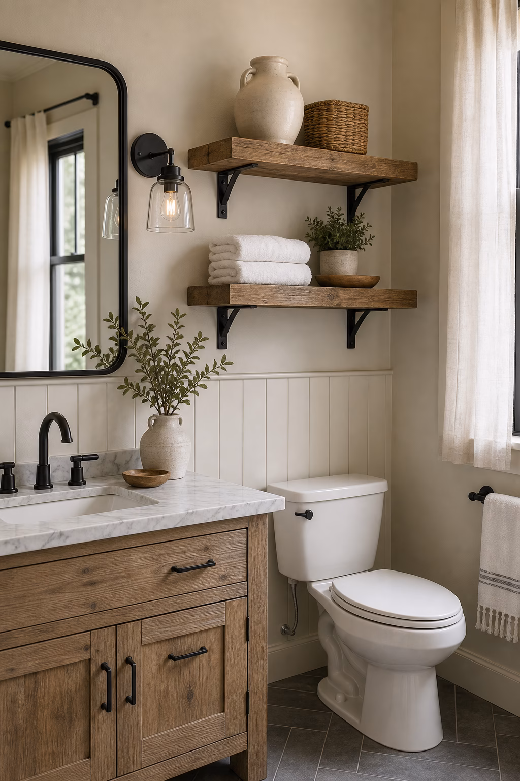 Modern farmhouse bathroom with reclaimed wood open shelves, folded towels, and black brackets