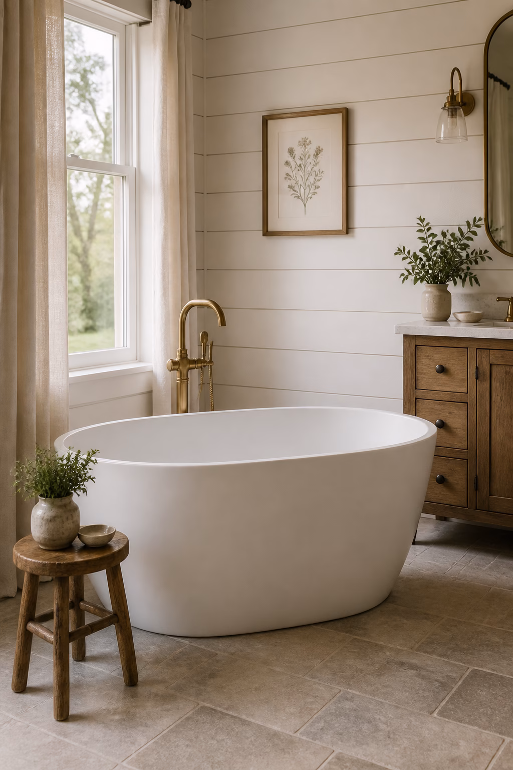 Modern farmhouse bathroom with freestanding oval tub, shiplap wall, wood stool, and brass floor filler
