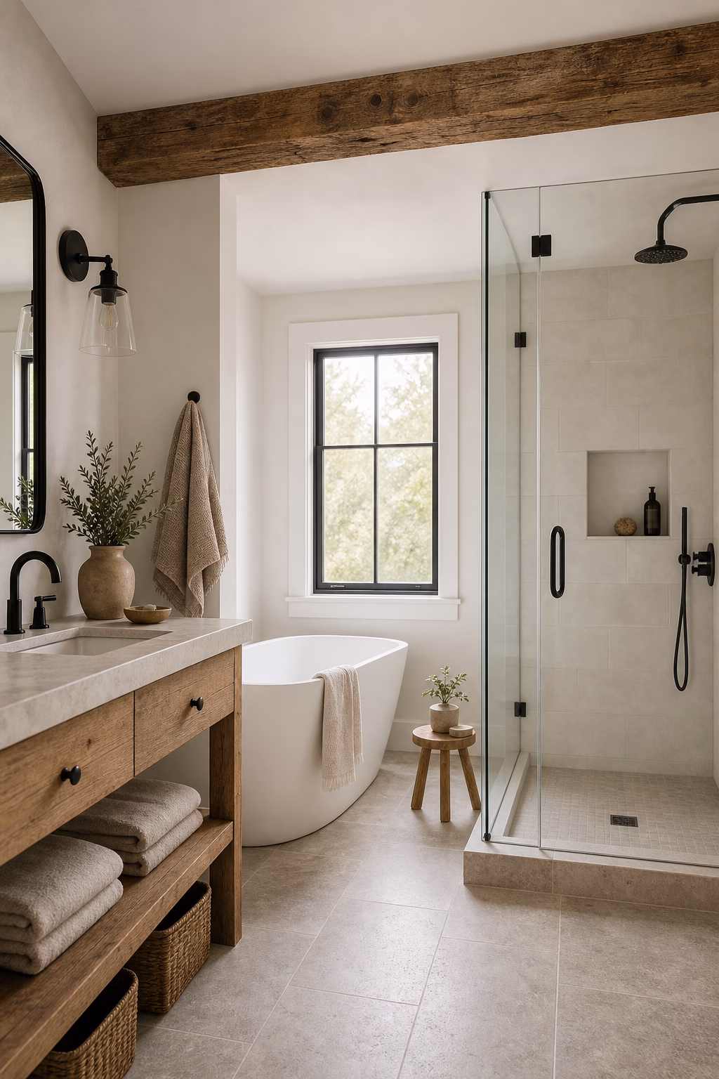 Clean modern farmhouse bathroom with reclaimed wood ceiling beam, white plaster walls, and glass shower