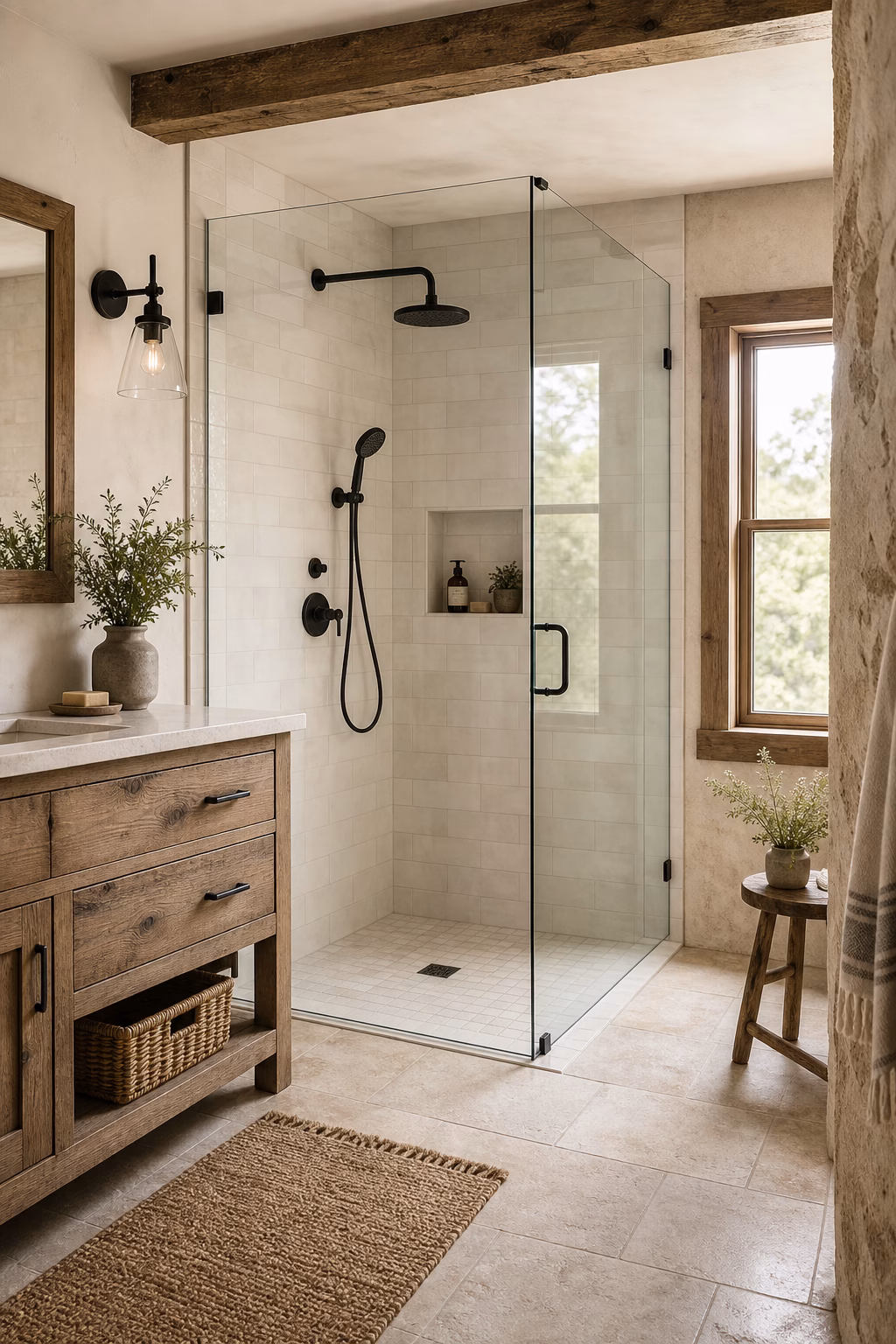 Modern farmhouse bathroom with clear glass walk-in shower, warm white tile, and wood vanity