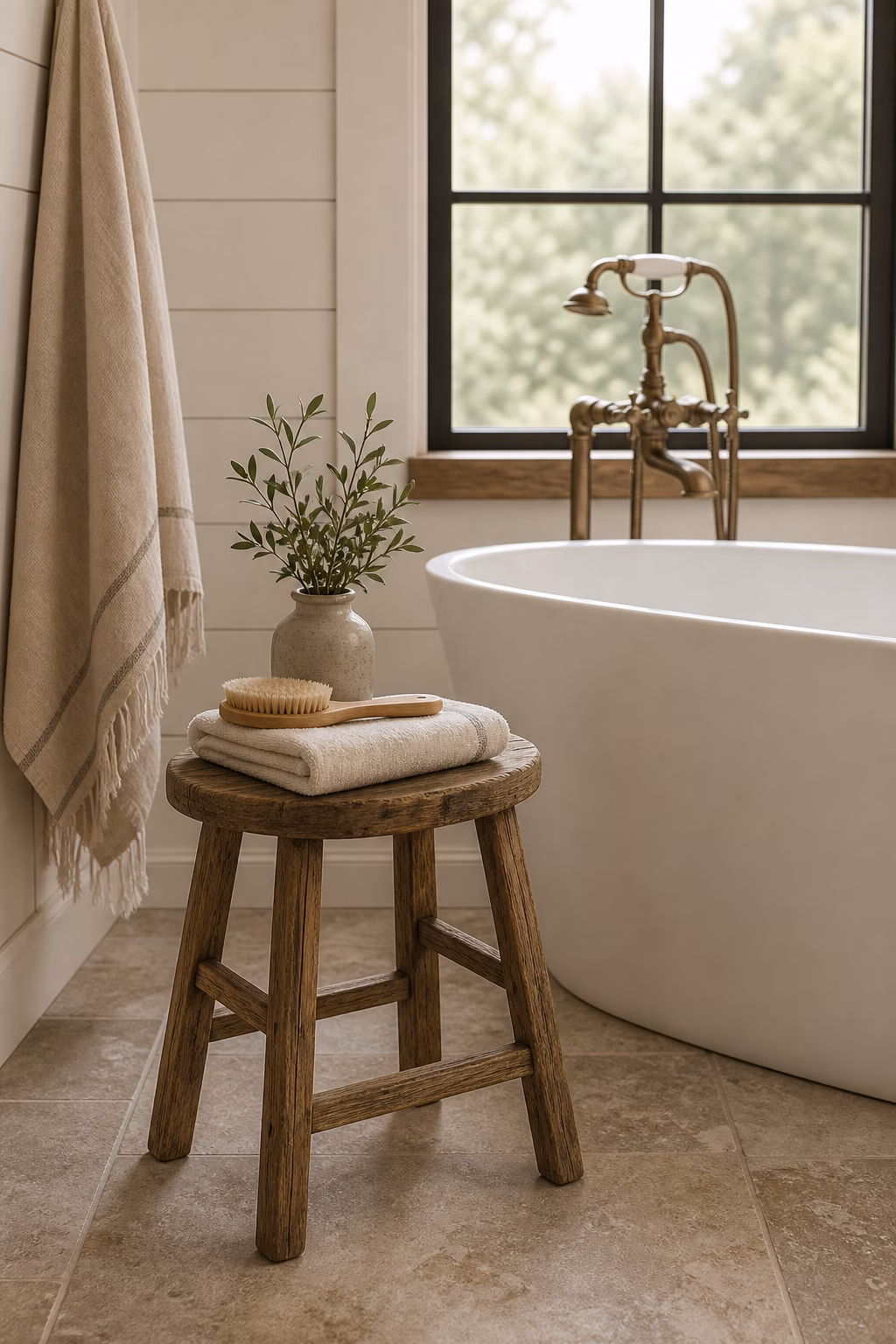 Modern farmhouse bathroom with a simple wood stool beside a freestanding tub and folded towel