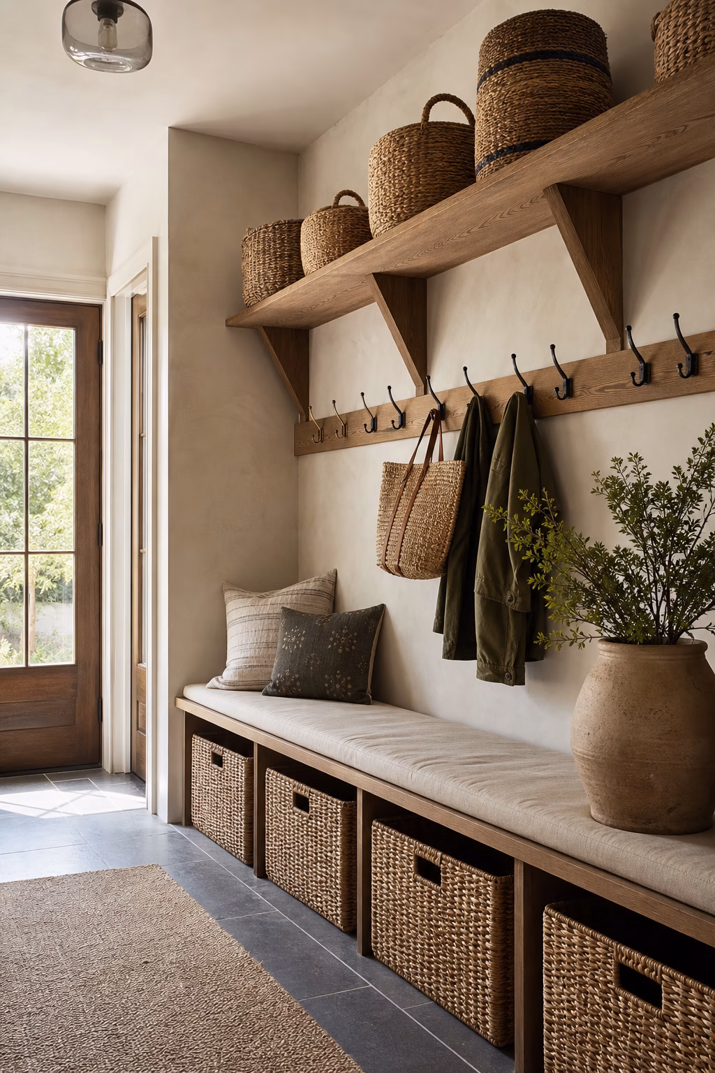 Woven storage baskets organizing a modern farmhouse mudroom bench