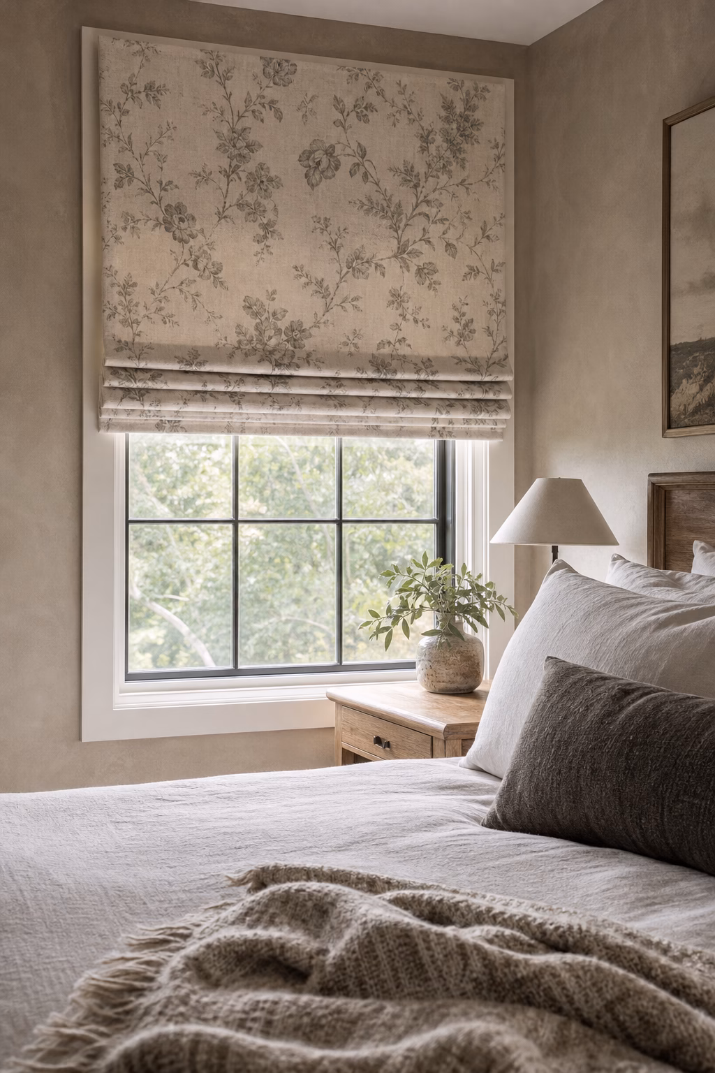 Muted floral Roman shade bringing quiet farmhouse charm to a guest bedroom