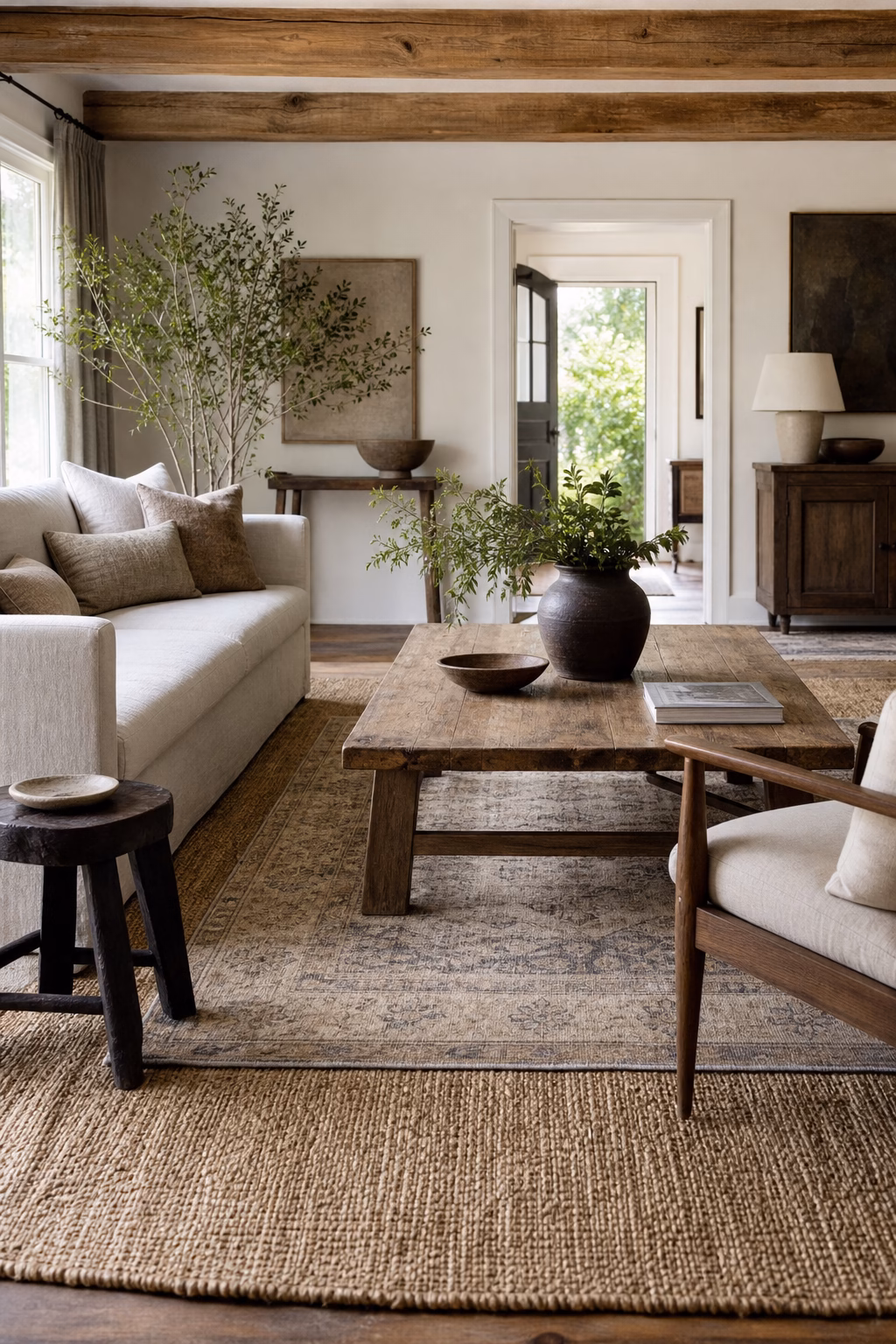 Layered natural fiber and vintage rugs adding collected warmth to a farmhouse living room