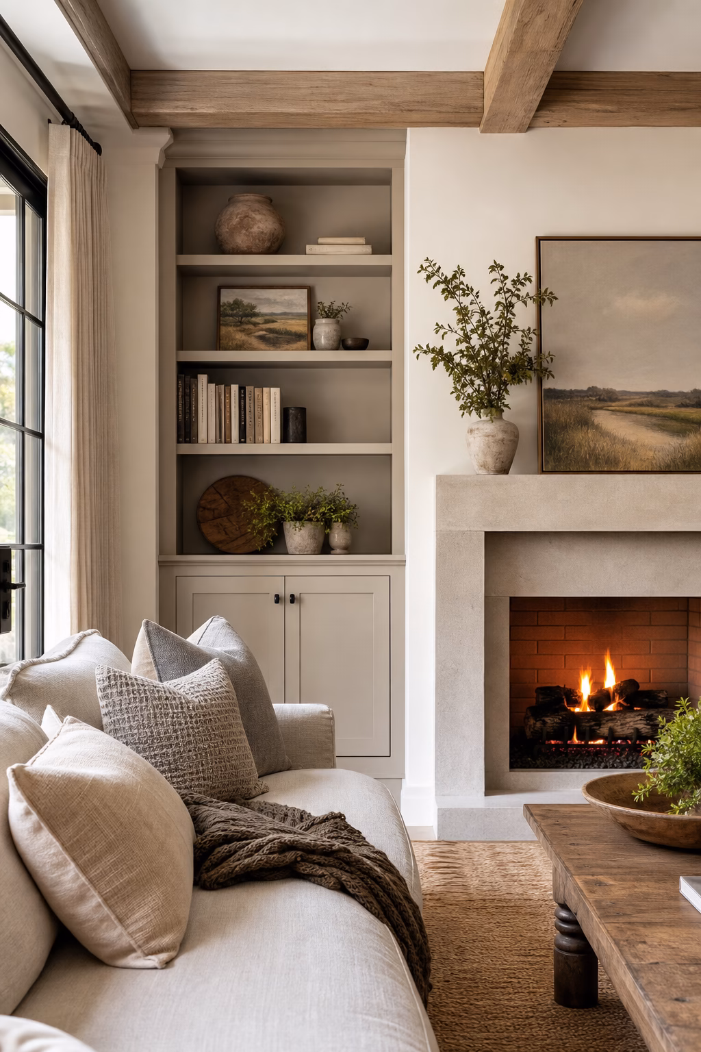 Modern farmhouse built-ins hiding clutter around a family room fireplace