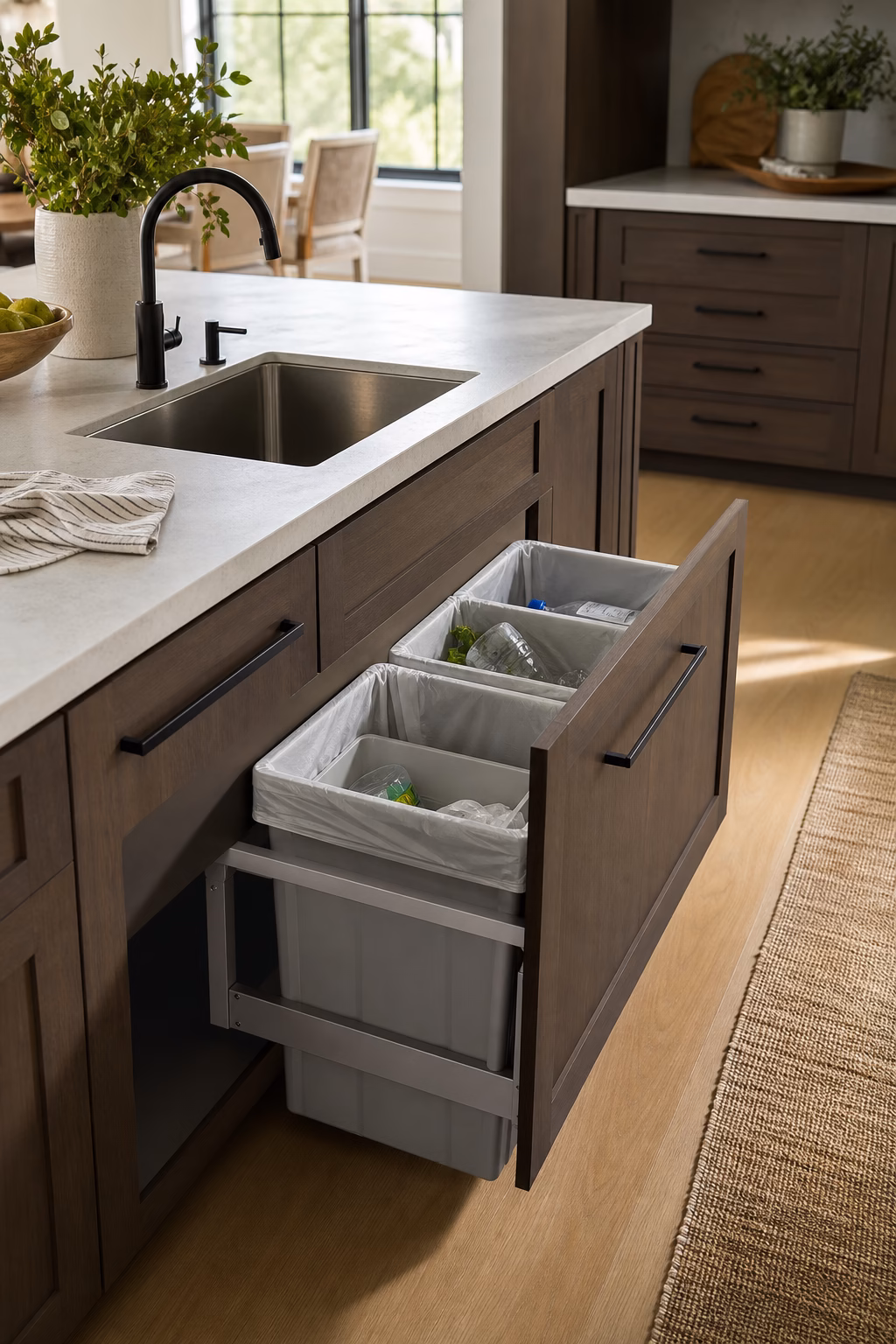 Pullout trash and recycling drawer hidden in a modern kitchen island