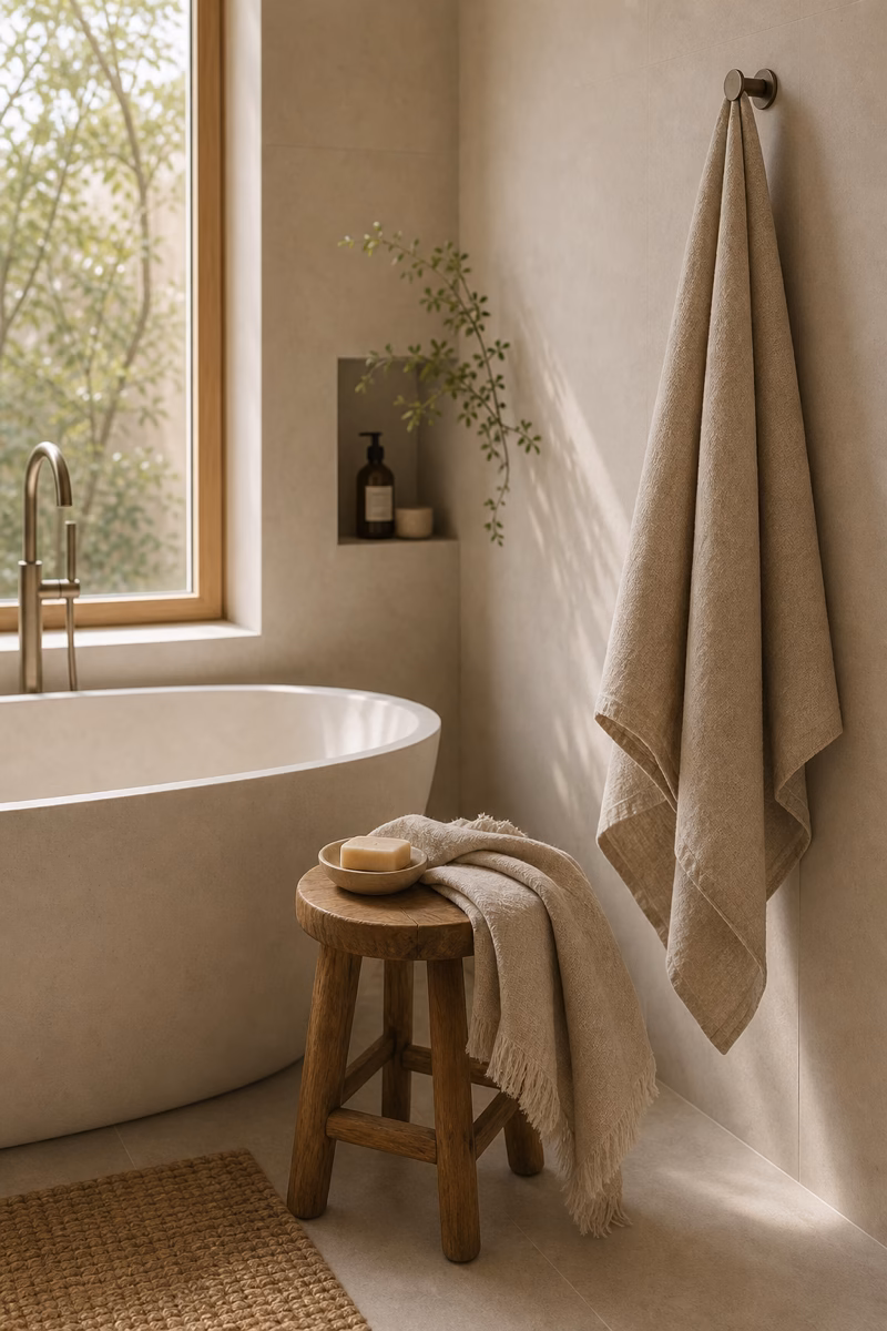 Neutral bathroom with oatmeal linen towels, pale stone, oak stool, and soft natural light