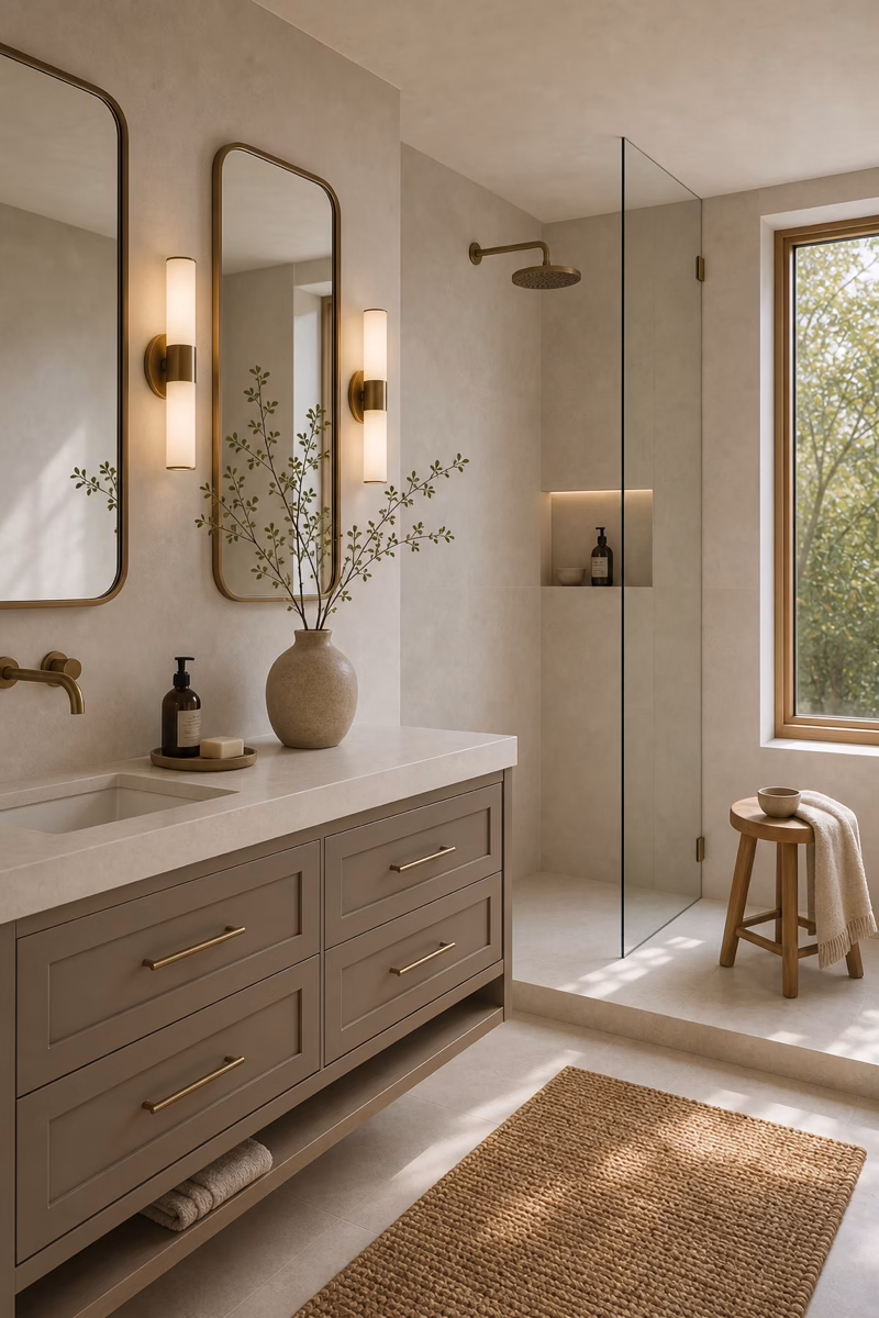 Neutral bathroom with taupe double vanity, pale counter, warm white tile, and brass hardware