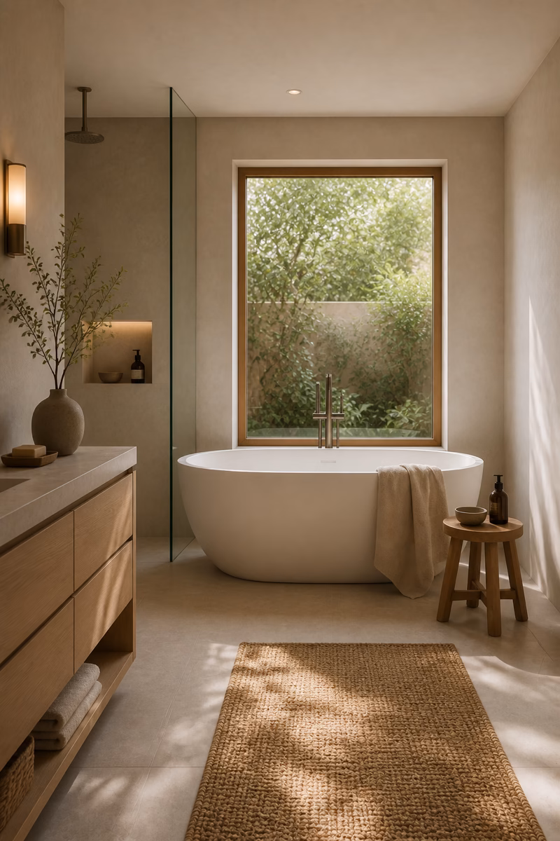 Neutral bathroom with freestanding oval tub, warm stone floor, oak stool, and soft daylight