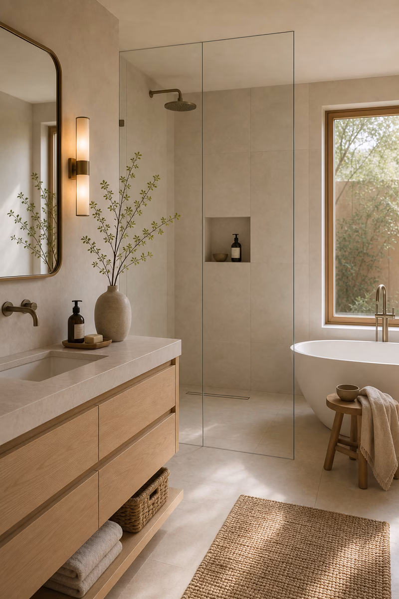 Neutral bathroom with clear frameless glass shower, warm limestone tile, and pale oak vanity