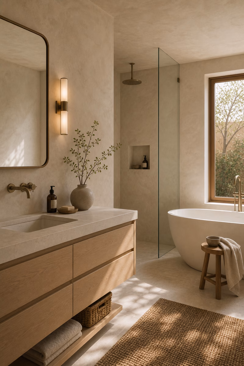 Neutral bathroom with bone plaster walls, stone floor, oak vanity, and subtle hand-applied texture